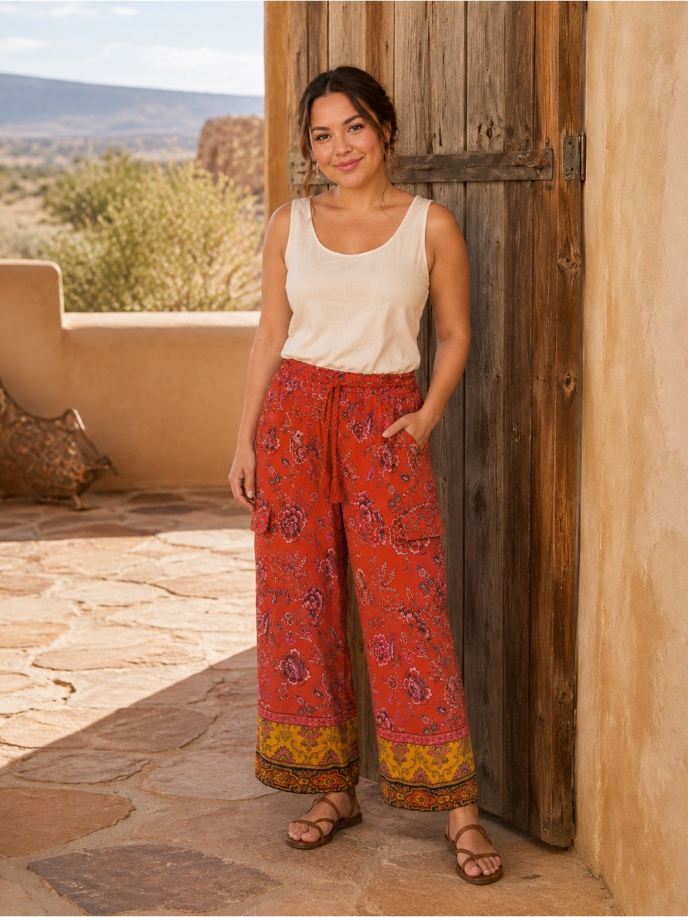 Sundance Women’s Petite XL Coral Floral Cotton Cargo Pants Boho Braided Belt